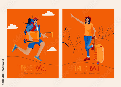 Trendy travel illustration with Lush Lava color. Excited happy man and woman tourists with luggages. Concept of discovery, exploration, hiking, adventure tourism and travel.