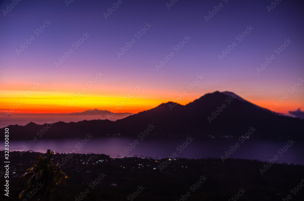 Sunrise panorama view from top of Batur volcano