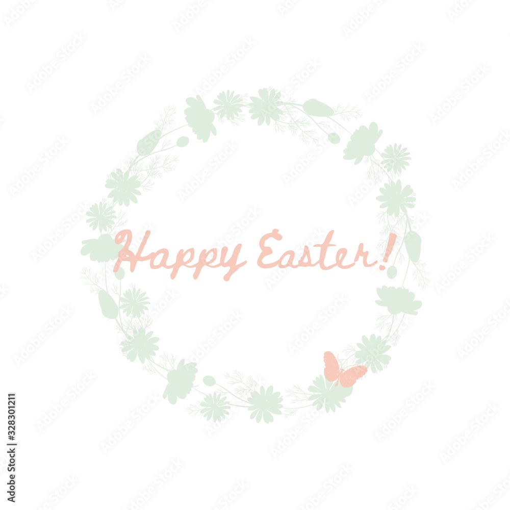 Easter wreath with flowers and eggs. Greeting card. The symbol of spring. Vector illustration.