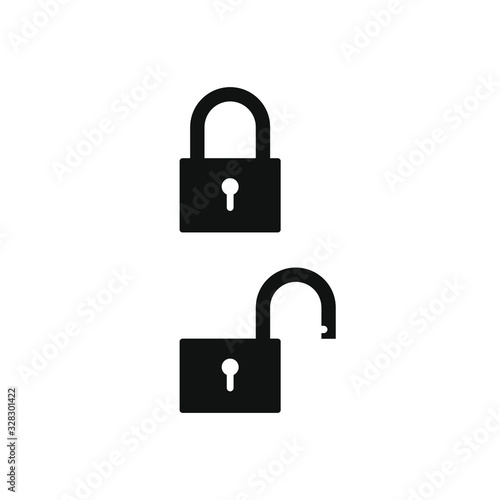 Lock and unlock icon symbol. Padlock open and closed sign. Security access logo. Vector illustration image. Black silhouette shape isolated on white background.