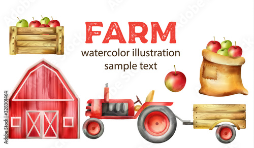 Watercolor farm vehicles and buildings set. Cow, tractor with tow, apples in wooden box, red farm and haystack