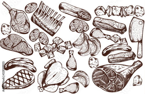 Line art meat set with sausage, steak, pork ribs and butcher knife
