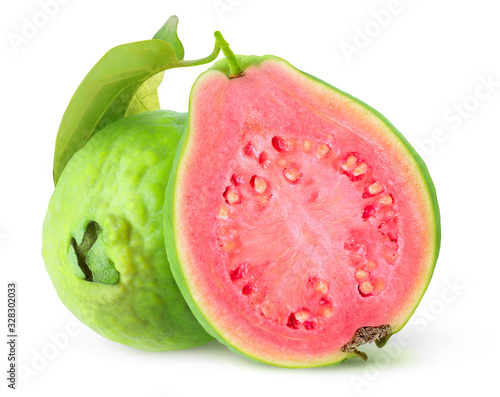 Isolated guavas. Cut guava tropical fruits with green skin and pink flesh isolated on white background photo