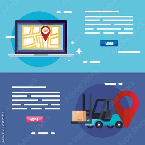 forklift box gps mark map and laptop design, Delivery logistics transportation shipping service warehouse industry and global theme Vector illustration