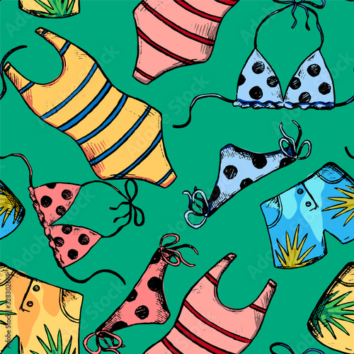 Beach vacation hand drawn vector seamless pattern. Cute swimwear, bikinis and swim trunks. Rest on the sea wallpapers. Colorful cartoon background in sketch style. For textile, fabric, print, wrapping