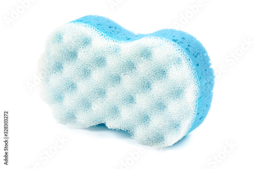 Blue bath sponge on white background