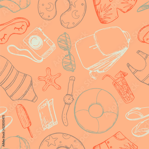 Summer time hand drawn vector seamless pattern. Travel and tourism accessories. Baggage for the trip wallpapers. Vacation colored contour background in sketch style. For textile, fabric, print, wrap.