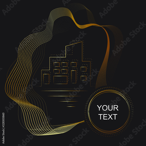 Vector abstract graphics composition of lines and waves, gold on black, layout design, building outline, estate marketing, discount, advertising of realtor services, social media post, luxury house