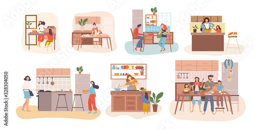 Set of seven kitchen scenes showing people cooking with housewives, kids, young families and couples in different activities, colored vector illustration
