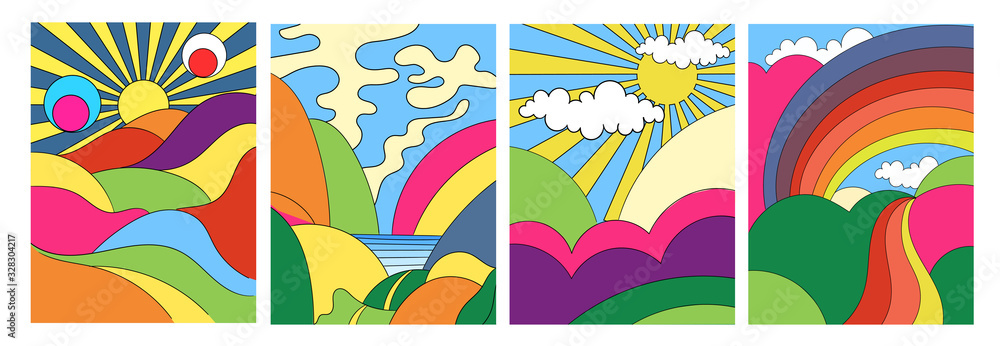 Plakat Set of four different modern colorful psychedelic landscapes with stylised mountains, rainbow over countryside, sea and hills, colored vector illustration for posters or covers