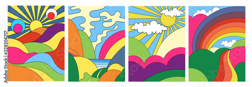 Photo Set of four different modern colorful psychedelic landscapes with stylised mount