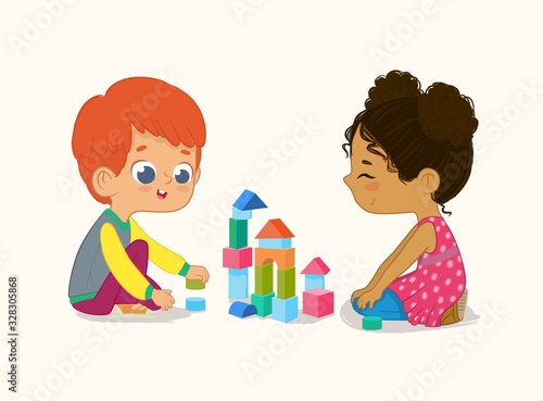 Preschool Red Hair Boy and African American Girl Kids playing with wooden bricks and blocks together in kindergarten room. Vector illustration isolated on white background
