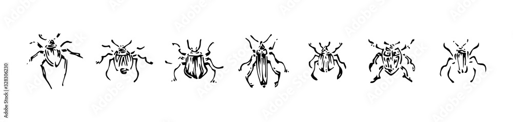 Hand drawn beetles set. Sketch style vector illustration. Black isolated bugs insect, design elements on white background