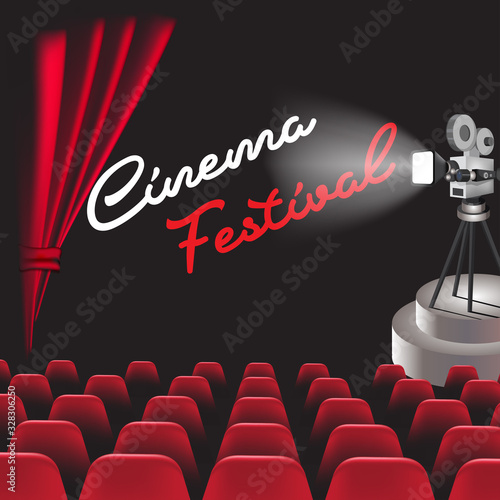 Background with red theatre curtain. Vector illustration