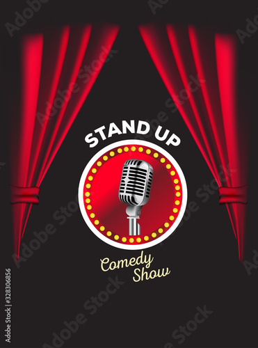 Comedy show theater scene with red curtains vector realistic illustration. Stand up comedy event poster.