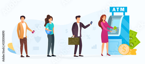 People queuing for an ATM in a financial concept, vector illustration