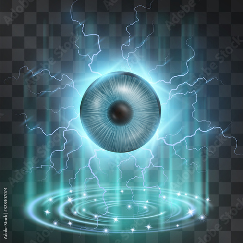 Digital eye scanner chip vector on light podium isolated on transparent background. Neon blue lightning virus program, electronical surveiillance system. Hacker hi tech communication, sci fi scanner.