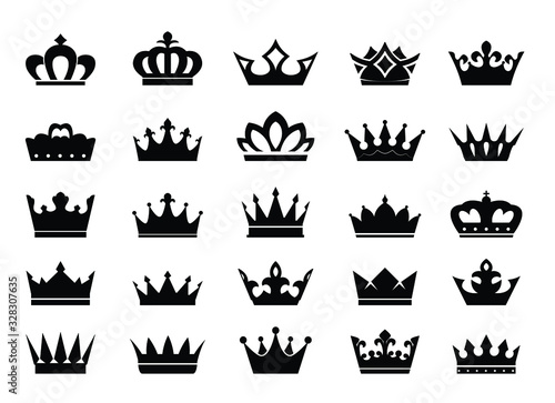 Set black vector king crowns and icon on white background. Vector Illustration. Emblem and royal symbols.