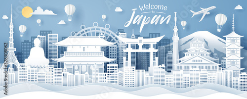 Paper cut of Japan landmark, travel and tourism concept.