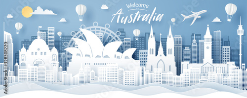 Photography Paper cut of Australia landmark, travel and tourism concept.