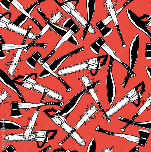 Pattern with bat, ax, chainsaw, machete, zombie theme. Color vector illustration. Can be used for gift wrapping, fabric, poster, print, postcard, wallpaper.