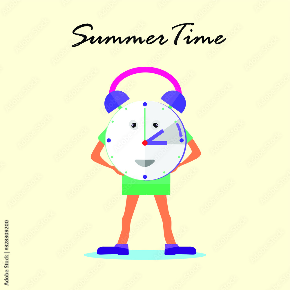Daylight Saving Time vector concept with human clock figure standing and smiling, isolated in cream background and Summer Time text Daylight Saving Time vector concept with human clock figure standing and smiling, isolated in cream background and Summer Time text