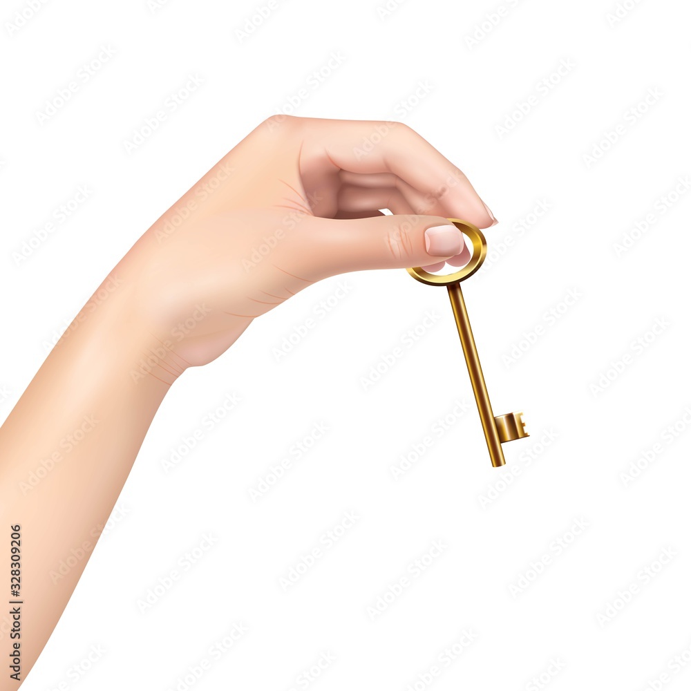 Vector isolated illustration on white background, realistic hand of a woman holding golden key.