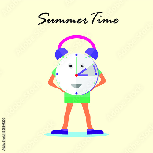 Daylight Saving Time vector concept with human clock figure standing and smiling, isolated in cream background and Summer Time text