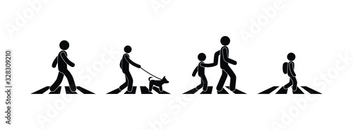 pedestrian icon, stick figure man character set isolated silhouettes