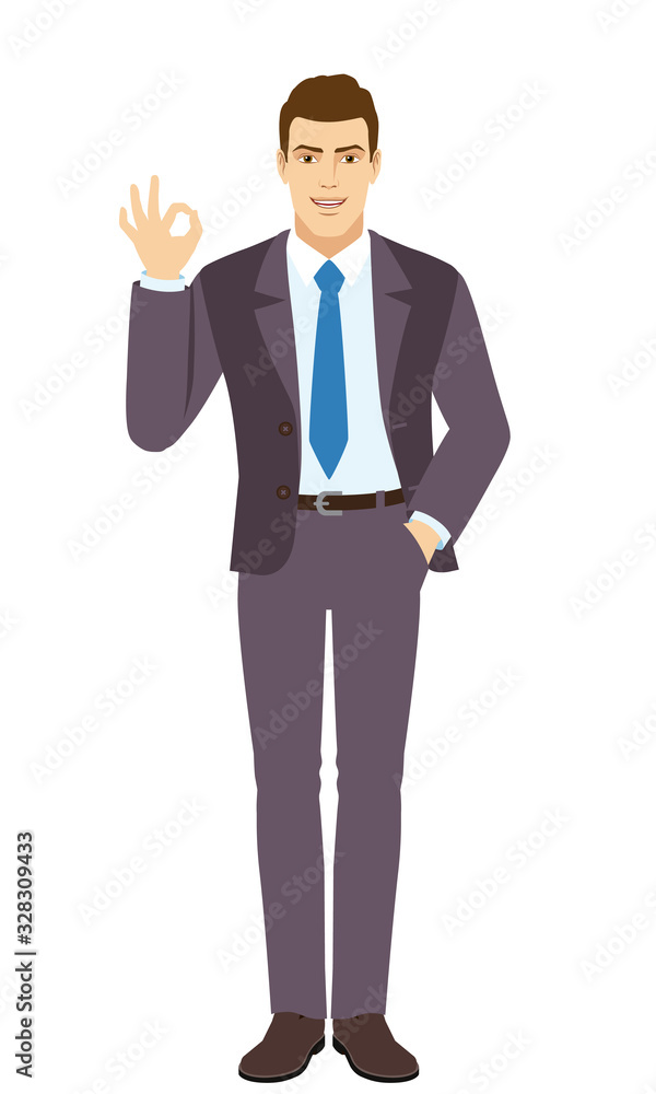 OK! Smiling Businessman show a okay hand sign. Full length portrait of Businessman in a flat style. OK! Smiling Businessman show a okay hand sign. Full length portrait of Businessman in a flat style.