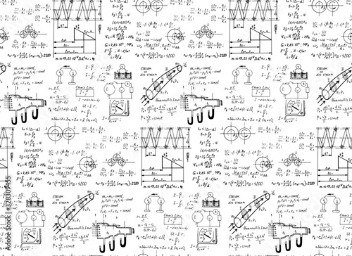 Physical equations and formulas on whiteboard. Vector hand-drawn illustration. Education and scientific seamless pattern.