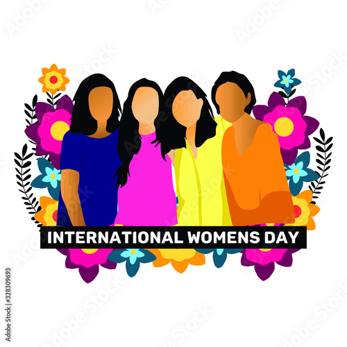 Faceless women group characters portrait International Women's Day vector concept, isolated in floral white background