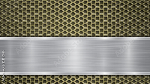 Background of golden perforated metallic surface with holes and silver horizontal polished plate with a metal texture, glares and shiny edges