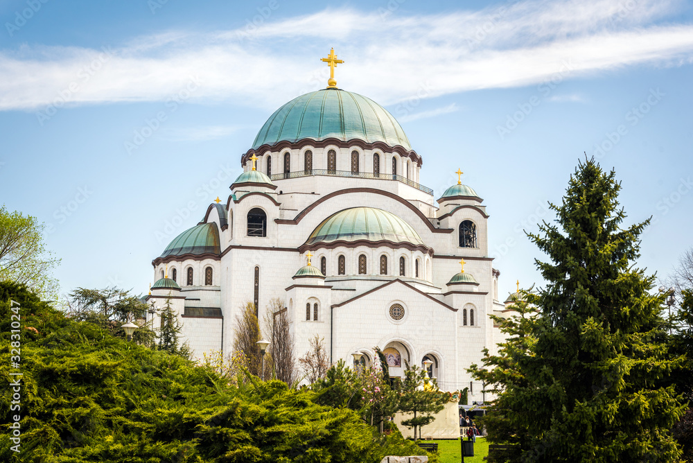 Saint Sava orthodox church in a sunny spring day. Belgrade, Serbia. The largest church in the Balkans. 