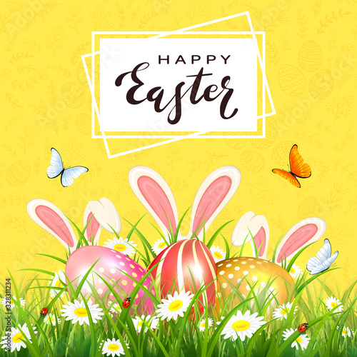 Easter Yellow Background with Eggs in Grass and Rabbits