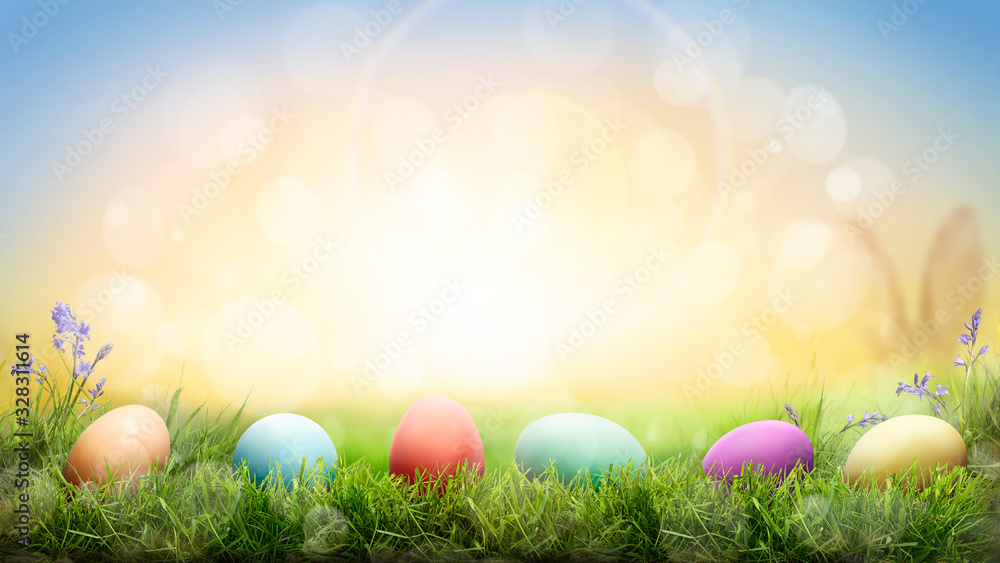 Painted Easter eggs on green grass in a meadow with bright sunny backkground