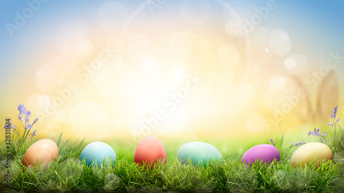 Painted Easter eggs on green grass in a meadow with bright sunny backkground