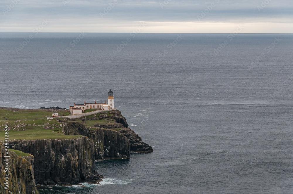 Detail of Neist Point lighthouse, isle of Skye, Scotland. Concept: famous natural landscape, Scottish landscape, tranquility and serenity, power of the sea