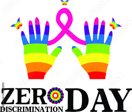 Zero Discrimination Day vector concept with hands colored rainbow holding a pink ribbon, isolated in white background with other colorful butterflies © Creativa Images