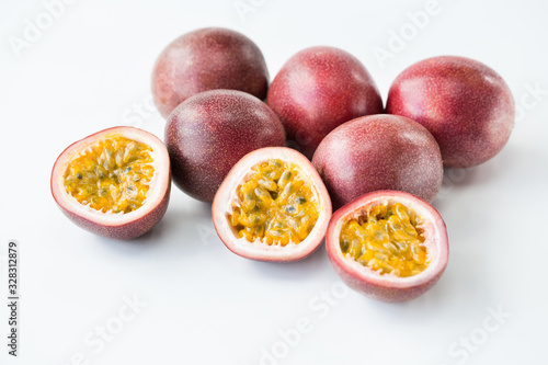 Fresh passion fruits-Passion fruit slices on the white background