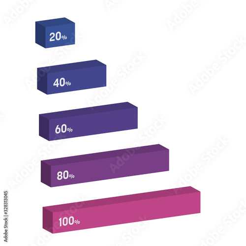 Bar chart of 5 growing columns. 3D isometric colorful vector graph. Economical growth, increase or success theme