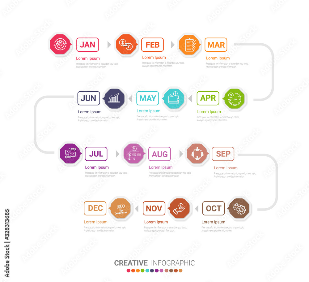 Timeline infographics for 12 months, 1 year and marketing icons can be used for workflow layout, diagram, annual report, web design. Business concept with 12 options, steps or processes. Timeline infographics for 12 months, 1 year and marketing icons can be used for workflow layout, diagram, annual report, web design. Business concept with 12 options, steps or processes.