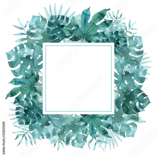 Square frame template with watercolor tropical leaves. Exotic hand painted illustration isolated on white.
