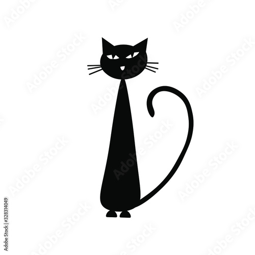 Beautiful cartoon illustration with black cat on  background.  Isolated vector. Black silhouette.
