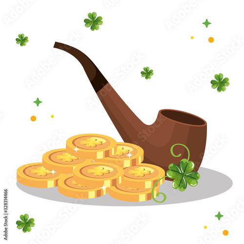 smoking pipe with coins and clovers decoration vector illustration designicon