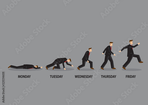 Employees Enthusiasm Level from Monday to Friday Cartoon Vector Illustration