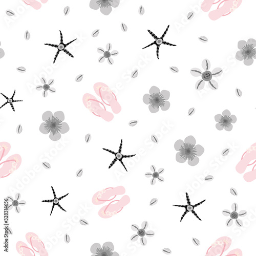 Flip flop shoe on seamless vector pattern background. Pretty sandals, starfish and shells oceanside backdrop. Pastel pink and silver hues. Summer all over print for beach wedding resort concept.