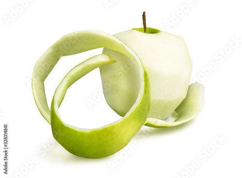 RW peeled apple with peel on a white background