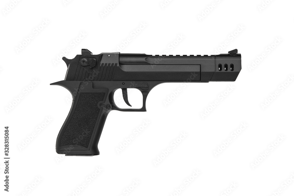 Black gun pistol isolated on white back A large and powerful modern gun. Weapons for sports and self-defense. Armament of police, army and special units. Black gun pistol isolated on white back A large and powerful modern gun. Weapons for sports and self-defense. Armament of police, army and special units.