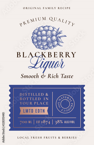 Family Recipe Blackberry Liquor Acohol Label. Abstract Vector Packaging Design Layout. Modern Typography Banner with Hand Drawn Black Berry Silhouette Logo and Background.